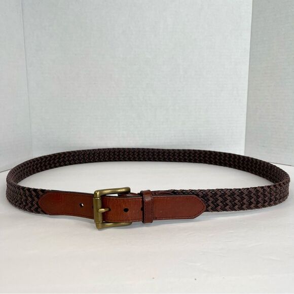 Savane Leather Woven Basketweave Two Tone Brown Belt Solid Brass Buckle Size 44 - Picture 5 of 13